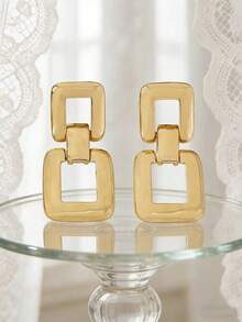 1对简约休闲几何金属耳钉（女士款） - 金黃色 - 查看 4