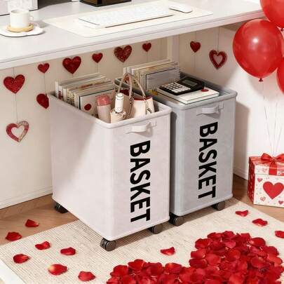 1个可折叠带轮储物篮，多功能带盖洗衣篮，大容量可拆卸脏衣篮，超强承重，可折叠节省空间，可水洗重复使用，适用于办公用品、运动器材、玩具收纳