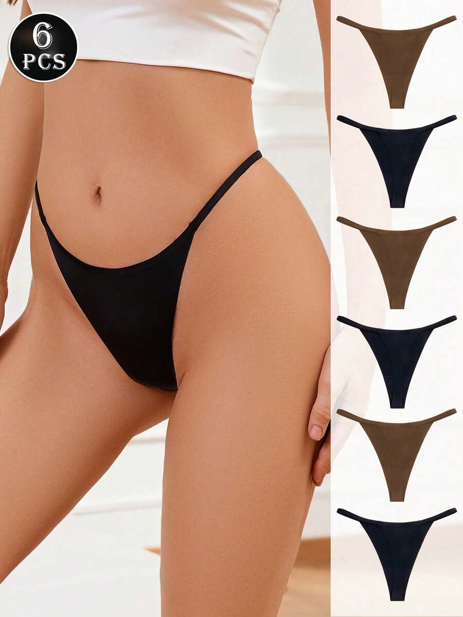 6pcs Low-Rise Sexy Thong Panties, Breathable T-Back Seamless V-Shape Underwear, Daily & Intimate Lingerie For Women - Multicolor - View 1