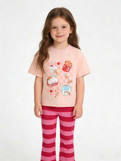 Bộ 2 món gồm áo thun ngắn tay và quần dài in hình kem và món tráng miệng hoạt hình dành cho bé gái, dễ thương và thời trang cho mùa xuân/hè.