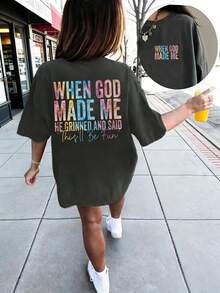 Tween Girl "When God Created Me, He Smiled And Said This Will Be Fun" Funny Slogan Printed T-Shirt, Soft And Comfortable Fabric, Girls Outdoor Sports, Casual, Streetwear, School Outfit, Fashionable Tween Girls Spring/Summer Versatile Top - Dark Grey - View 4