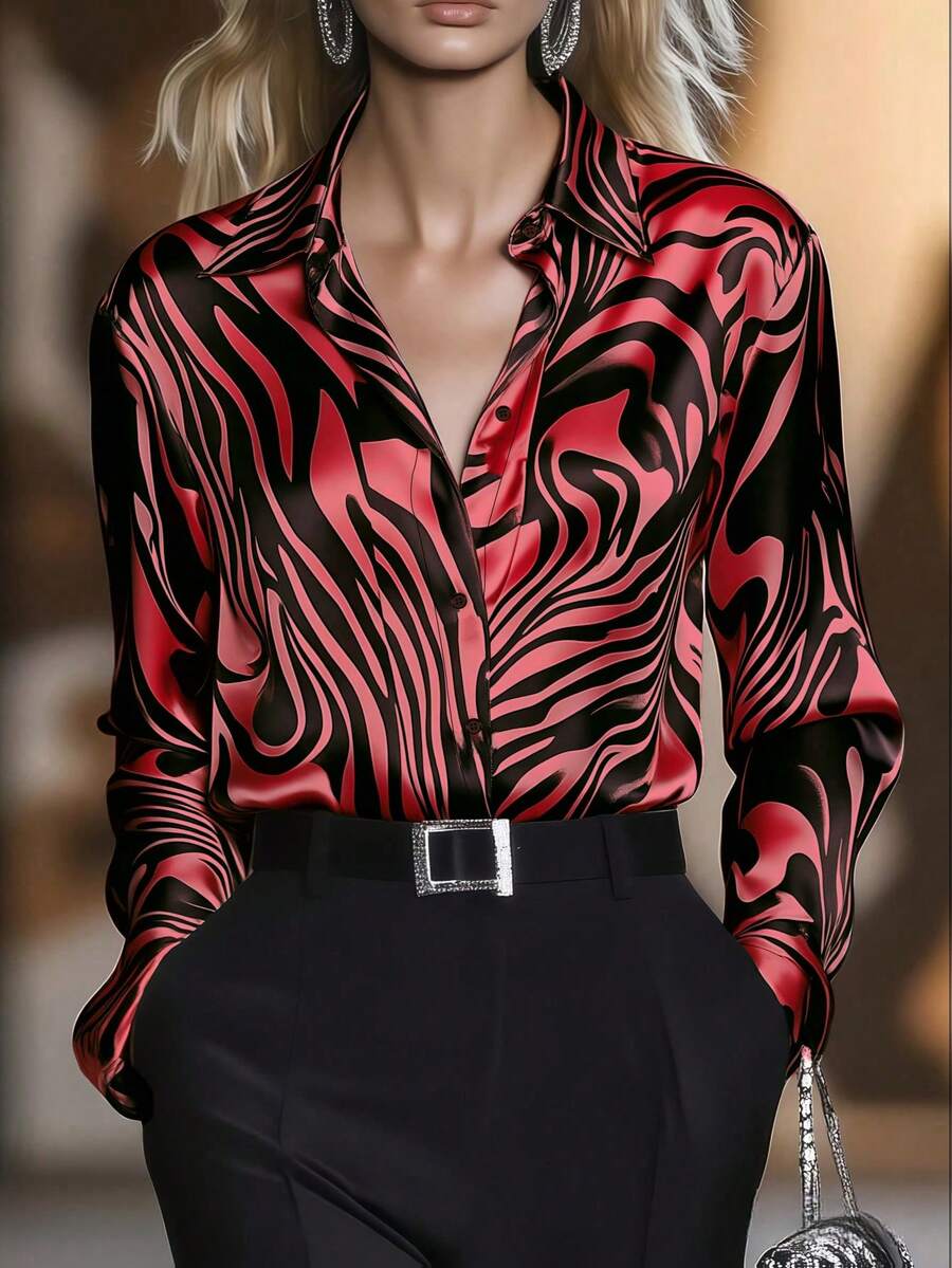 Allover Allover Print Contrast Pattern Button-Up Long Sleeve Shirt For Office Wear Vacation Spring