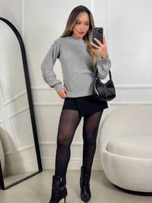 Women's Knit Blouse With Inverted Braid, Long Puff Sleeves, Ribbed Cuffs, Fashion Knitwear For Winter - Grey - View 2
