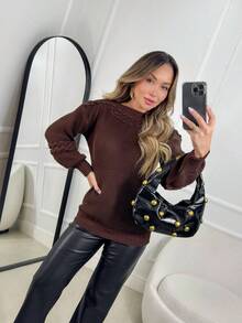 Women's Knit Blouse With Inverted Braid, Long Puff Sleeves, Ribbed Cuffs, Fashion Knitwear For Winter - Rust Brown - View 1