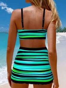 Pieces: Top With Crisscross Straps, High-Waisted Bottoms, And A Swim Skirt. Neon Striped Padded Swimsuit, Suitable For Summer Beach, New Year's, And Valentine's Day Vacations. - 綠色 - 查看 2