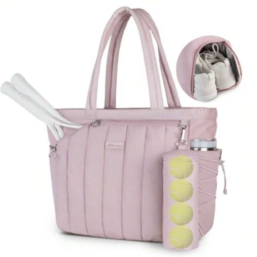 Quilted Tennis Tote Bag for Women Gym Duffle Bag with Shoe Compartment and Wet Pocket Fits 2-4 Rackets and 15.6" Laptop Overnight Weekend Sports Bag with Fence Hook - Rosa - Ver 1