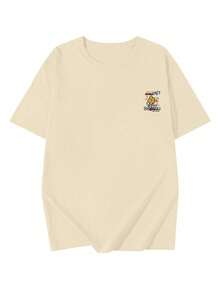 Japanese Style Women Loose Casual Crew Neck Cartoon Print Short Sleeve T-Shirt, Spring/Summer - Apricot - View 4