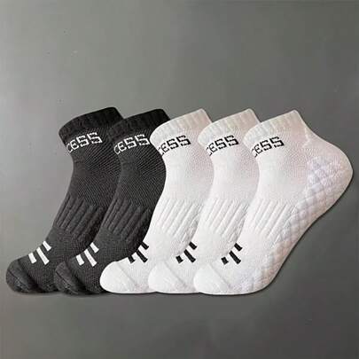 5 Pairs Spring/Summer New Breathable Moisture-Wicking Simple Letter Style Terry Cloth Bottom Versatile Unisex Ankle Socks, Suitable For Outdoor Activities & Daily Wear, Black & White Mixed Color Casual Sports Socks