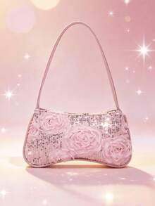 1pc Girl's New Fashion Sequin Elegant Shoulder Bag, High-End Baguette Bag, Fashionable Floral Sequin Baguette Bag, Evening Clutch, Wallet, Coin Purse, Black, White, Pink, Gold, Silver, Suitable For Daily, Party, Travel, Ideal Gift - Multicolor - View 3
