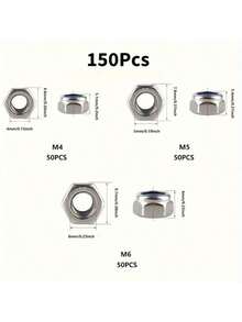 150个不锈钢M4/M5/M6尼龙防滑自锁螺母，六角螺帽，适用于建筑、维护和安装，六角螺帽 - 銀色 - 查看 8