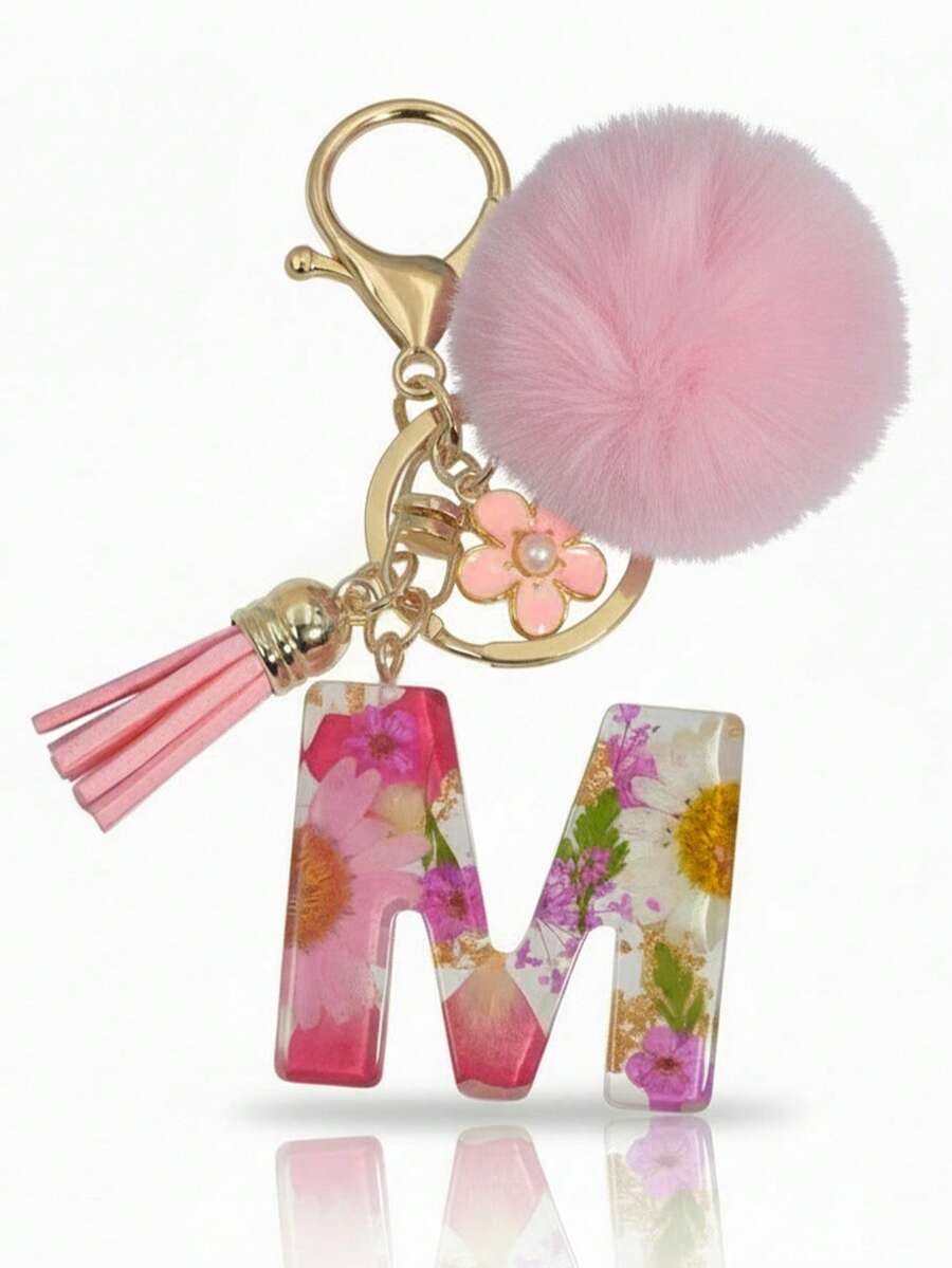 1pc Dried Flower Letter Keychain Resin Pendant Daisy Flower Keyring, Pink Gift With Pom Pom Tassel Charm - Pink - View 1