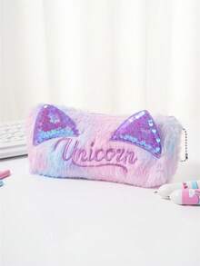 1个时尚扎染猫耳铅笔盒，亮片文具袋，毛绒字母拉链铅笔袋，简约收纳袋 - 粉色 - 查看 12