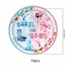 10件套性别揭晓派对用品装饰蓝粉纸盘，西部牛仔风格粉蓝主题一次性餐具派对装饰，靴子和蝴蝶结主题粉蓝派对布置用品 - 淺藍色 - 查看 3