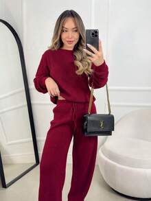 Ribbed Knit Set In Mousse Fabric: Wide-Leg Pants With Adjustable Drawstring + Puff Sleeve Blouse - Winter - Red - View 5