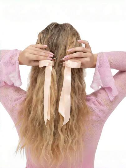 1pc Magnetic Ballerina Style Black + Red + Champagne Bow Hair Clip, Made Of Satin Material, Detachable Ribbon + Magnetic Adsorption Design, Sweet Hairstyle Accessory For Commute/Campus/Date/Graduation Photos, Suitable For Graduation Season