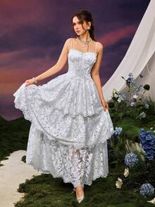 Faeriesty Elegant Party Solid Color Lace Spaghetti Strap Dress Wedding Vacation Spring White - White - View 10
