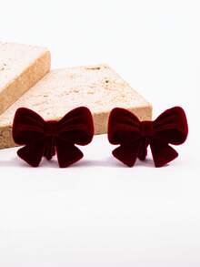 1 Pair Unique Flocked Bow Clip-On Earrings - No Piercing Required, Retro Style, Suitable For Casual Wear - Bow - View 5