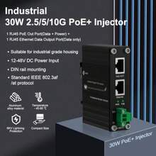 E-link Inyector industrial endurecido 2.5G PoE+ adaptador PoE+ de entrada de 12 ~ 48 V IEEE802.3af/at 30 W de salida de hasta 330 pies riel DIN y montaje en pared - Inyector PoE de 25 G y 30 W - Ver 3