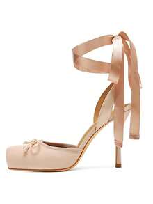Ballet High Heel Pumps For Women Mary Janes Lace Up Stiletto Heels With Bow Satin Square Toe Elegant  Strappy High Heels Dancing Party Weeding Shoes  - 裸色 - 查看 4