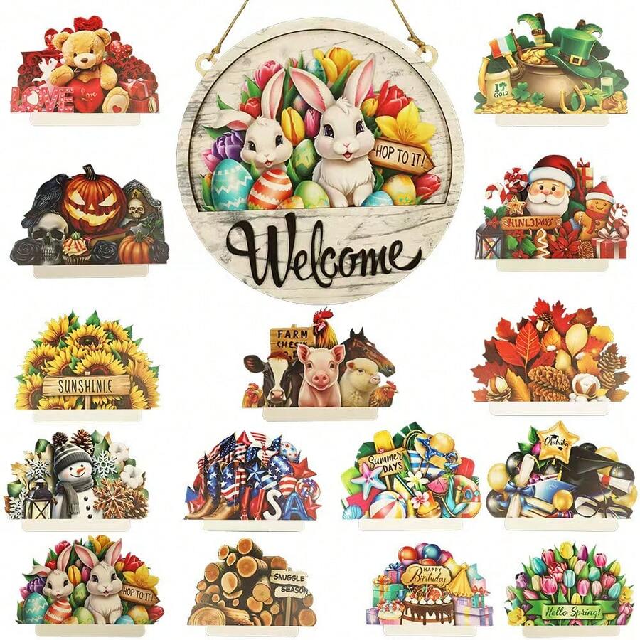15-In-1 Interchangeable Wooden Welcome Sign, Suitable For Eid And 15 Holidays