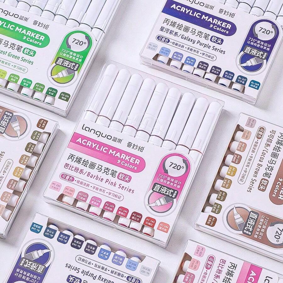 Bộ 9 bút vẽ màu acrylic Languo, 720 màu, đầu bút mềm có thể pha trộn, thích hợp cho vẽ tranh, thủ công DIY, dụng cụ mỹ thuật trường học, các lớp học nghệ thuật, mùa tựu trường và nhiều hơn nữa.