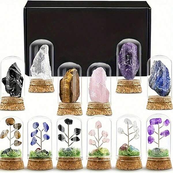 12-Piece Crystal And Stone Set, 6 Crystal Stones & 6 Micro-Landscape Crystal Trees, Chakra Decoration, Home & Office Fengshui Ornament, Healing Crystals For Relaxation & Energy Boost, Positive Energy, Perfect Gift For Family And Friends Relaxation