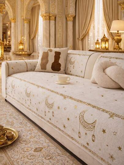 1pc Fashionable Minimalist Chenille Sofa Cover, Star & Moon Foil Print Design. Suitable For 1/2/3/4 Seater And L-Shaped Sofas. Non-Slip, Scratch-Resistant, Dust-Proof, Stain-Resistant, Pet-Friendly Sofa Slipcover. Machine Washable, Hand Washable, Dry Cleanable. All-Season Living Room Sofa Cover, Can Be Used As Decorative Accent And Furniture Protector, Suitable For Bedroom, Study, Dining Room And Living Room. Suitable For Ramadan And Holiday Decoration.