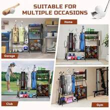 Garage Sports Equipment Organizer3 Golf Bags Storage Stand Heavy-Duty Ball Storage Rack with Basket and Hooks Space-Saving Design for Toy Sports Gear Storage Indoor/Outdoor Use - Negro - Ver 8