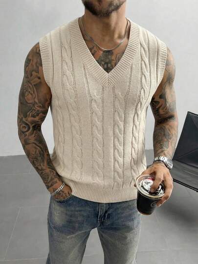 复古学院风男士宽松V领无袖针织背心，编织纹理，春秋季