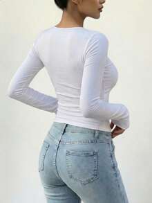 女士纯色方领长袖修身短款长袖T恤，女士打底衫，秋季，白色衬衫 - 白色 - 查看 8