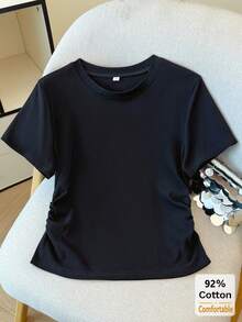 New Spring/Summer Black Cropped Short Sleeve T-Shirt, Drawstring Design, Slimming, Stylish & Chic - Black - View 2
