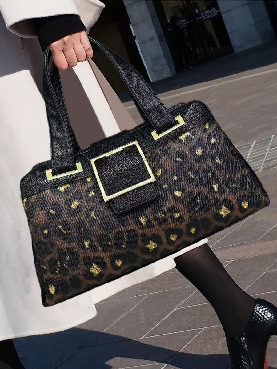 Ladies' Fashionable And Personalized Leopard Print Handbag, Multi Split Business Work Shoulder Bag, Retro Detachable Shoulder Strap Crossbody Bag - Black - View 1