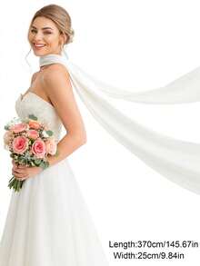 1件长款新娘头纱，145英寸白色婚纱披肩，简约薄纱披肩，适合婚礼、私奔仪式、婚宴和新娘写真配饰 - 白色 - 查看 3