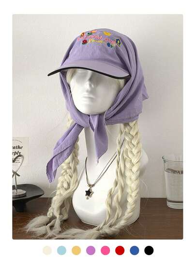 多巴胺Y2K活力鸭舌头巾帽，新款户外防紫外线遮阳帽，小众艺术亮色头带帽，粉色字母3D刺绣撞色时尚防晒头巾