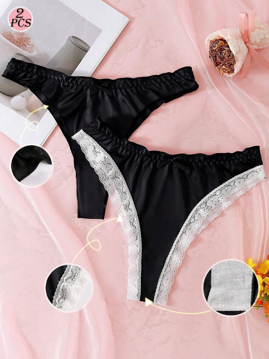 2pcs/Set Sexy Breathable Stretchy Women's Thong Panties, Fashionable Underwear, Cute Bow Thong - Multicolor - View 1