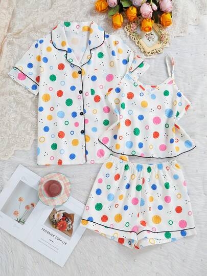 3pcs/Set Women's Casual Comfortable Loose Polka Dot Print Camisole Top, Short Sleeve Shirt And Shorts Pajama Set, Suitable For Spring And Summer