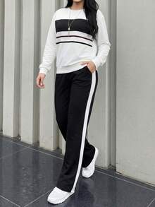 女士春秋季休闲套装，舒适宽松拼接撞色长袖外套上衣+条纹撞色直筒裤两件套，适合日常通勤、约会、健身、跑步、居家、情人节、嘉年华等场合，黑色优雅 - 黑色 - 查看 6