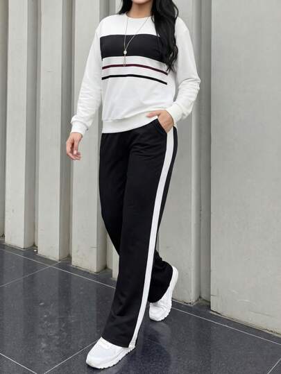 女士春秋季休闲套装，舒适宽松拼接撞色长袖外套+条纹撞色直筒裤两件套，适合通勤、约会、健身、跑步、居家、情人节、狂欢节、斋月等场合。