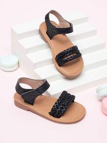 1 Pair Summer Party & Wedding Cute Striped Woven Hook And Loop Princess Style Lace Flat Sandals For Toddler Girls - Black - View 5