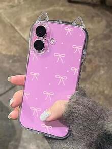 1pc Pink Striped Bow Polka Dot Printed Cat Ear Transparent Airbag Shockproof 1.5mm TPU Soft Case With Hanging Rope Accessory Compatible With IPhone 17/17 Pro/17 Pro Max/ Air/16/16 Pro/16 Plus/16 Pro Max/15 Pro Max/15 Pro/15 Plus/11/12/13/14/15/16E - Multicolor - View 1