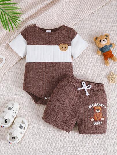 2 piezas Conjunto de ranpero y pantalones cortos bordados con oso lindo y contraste de color para bebés niños, conjunto de ropa para primavera/verano 2026