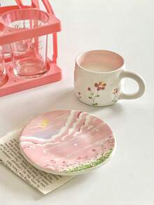 1pc Pink Floral Ceramic Coffee Cup & Saucer Set, Hand-Painted Blue Sky & White Cloud Coffee Mug, Birthday/Holiday Gift, Ceramic Teacup - Multicolor - View 11