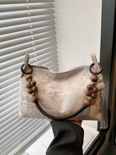 大容量丝绒刺绣手提包，新款中式木珠手柄单肩包，通勤百搭，女士腋下包