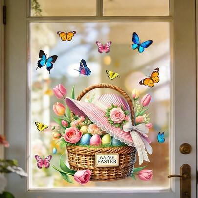 1/4pcs Easter Egg Basket And Tulip Flower Window Stickers, Reusable PVC Double-Sided Static Cling Window Decals, Suitable For Shop Windows, Kitchens, Bedrooms, And Home Decoration.