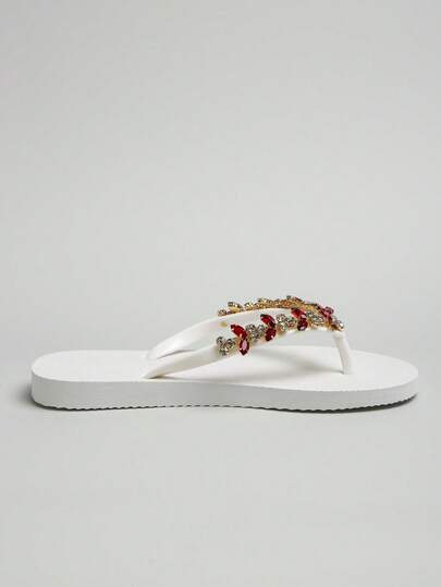 1 Pair Spring/Summer New Beach, Resort, Summer Outdoor, Wedding, Bridesmaid, Bathroom Anti-Slip Women's Square Toe Rhinestone Shiny EVA Lightweight Flat Sandals, Rhinestone Flip Flops, Beach Slippers