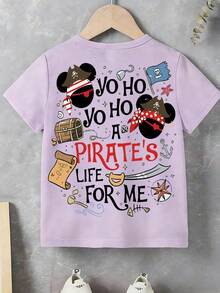White Background Disney Pirate Style Mickey Mouse Print Kids' Loose Short Sleeve T-Shirt - Playful And Cute Adventure Style Top - Màu tím hoa cà - Xem 2