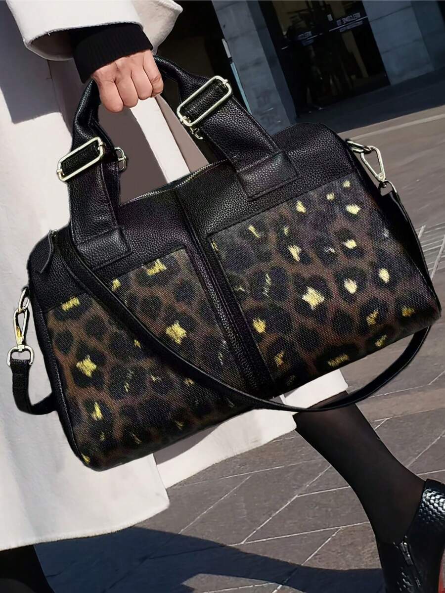 Ladies' Retro Personalized Leopard Print Shoulder Bag, Fashionable Business Multi Compartment Storage Compartment Handbag, Large Capacity Front Pocket Crossbody Bag - Black - View 1