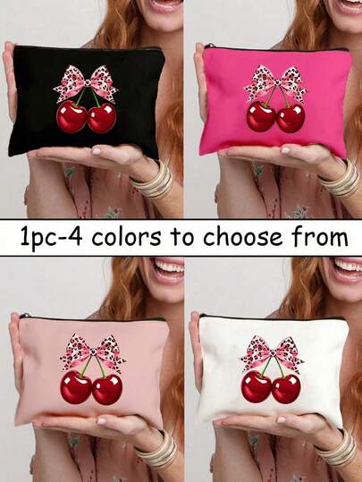 Pink Leopard Print Cherry Pattern Women Makeup Bag, Multifunctional Storage Pouch And Travel Cosmetic Bag, Wash Bag Coin Purse And Daily Organizer For Makeup Toiletries And Small Essentials, Portable Lightweight Zipper Pouch For Travel And Home Use, Cute Cherry Themed Girls Accessories And Cosmetic Stuff Pouch, Ideal Gift For Girlfriend And Mom, Birthday Gift, Ramadan Gift And Holiday Gift, Multiple Colors Available