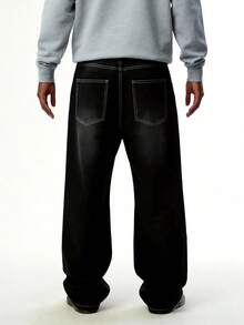 Jeans negros de patchwork para hombre, pantalones vaqueros versátiles de moda callejera estadounidense Y2K, ajuste holgado casual para todas las estaciones - Negro - Ver 4