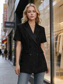 2026春夏新款镂空蕾丝黑色西装外套，双排扣修身优雅女士西装上衣 - 黑色 - 查看 6